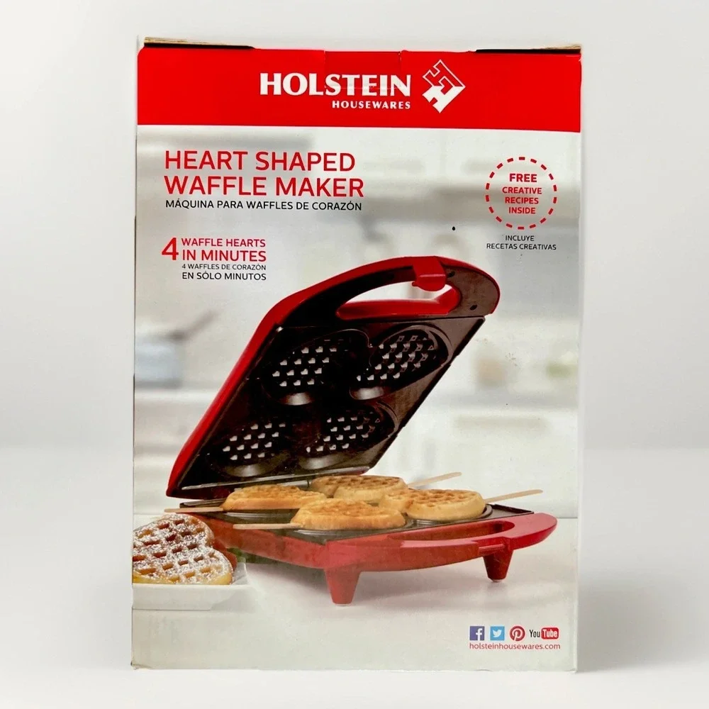 HOLSTEIN HOUSEWARES Red Heart-Shaped 4-Waffle Maker Non-Stick‎ New
